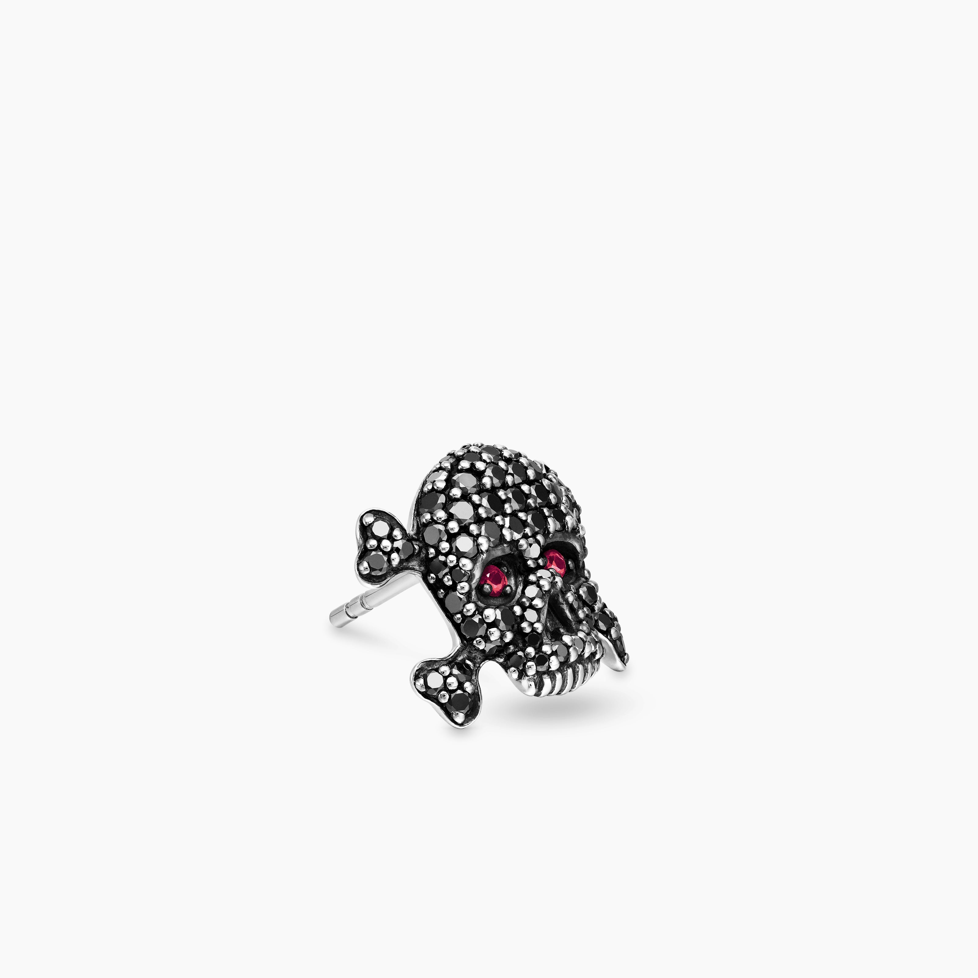 Mens Pav&eacute; Skull Stud Earring in Sterling Silver with Black Diamonds and Rubies, 13.5mm