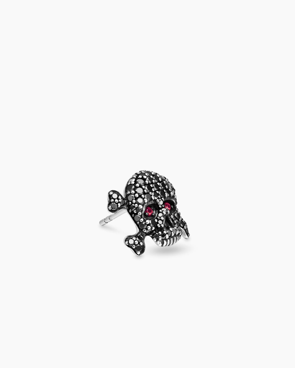Clous d’oreilles Crâne pavé en argent sterling avec diamants noirs et rubis, 13,5 mm hommes