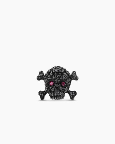 Memento Mori Skull Stud Earring in Sterling Silver with Pavé Black Diamonds and Rubies, 11mm
