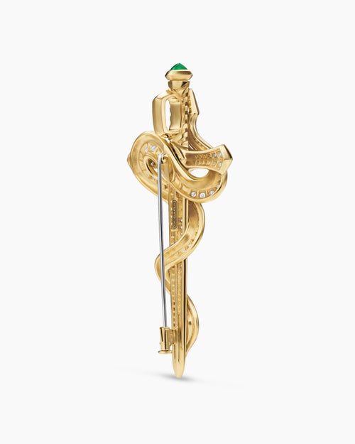 Mens Ouroboros Brooch in 18K Yellow Gold with Emeralds and Diamonds, 78mm