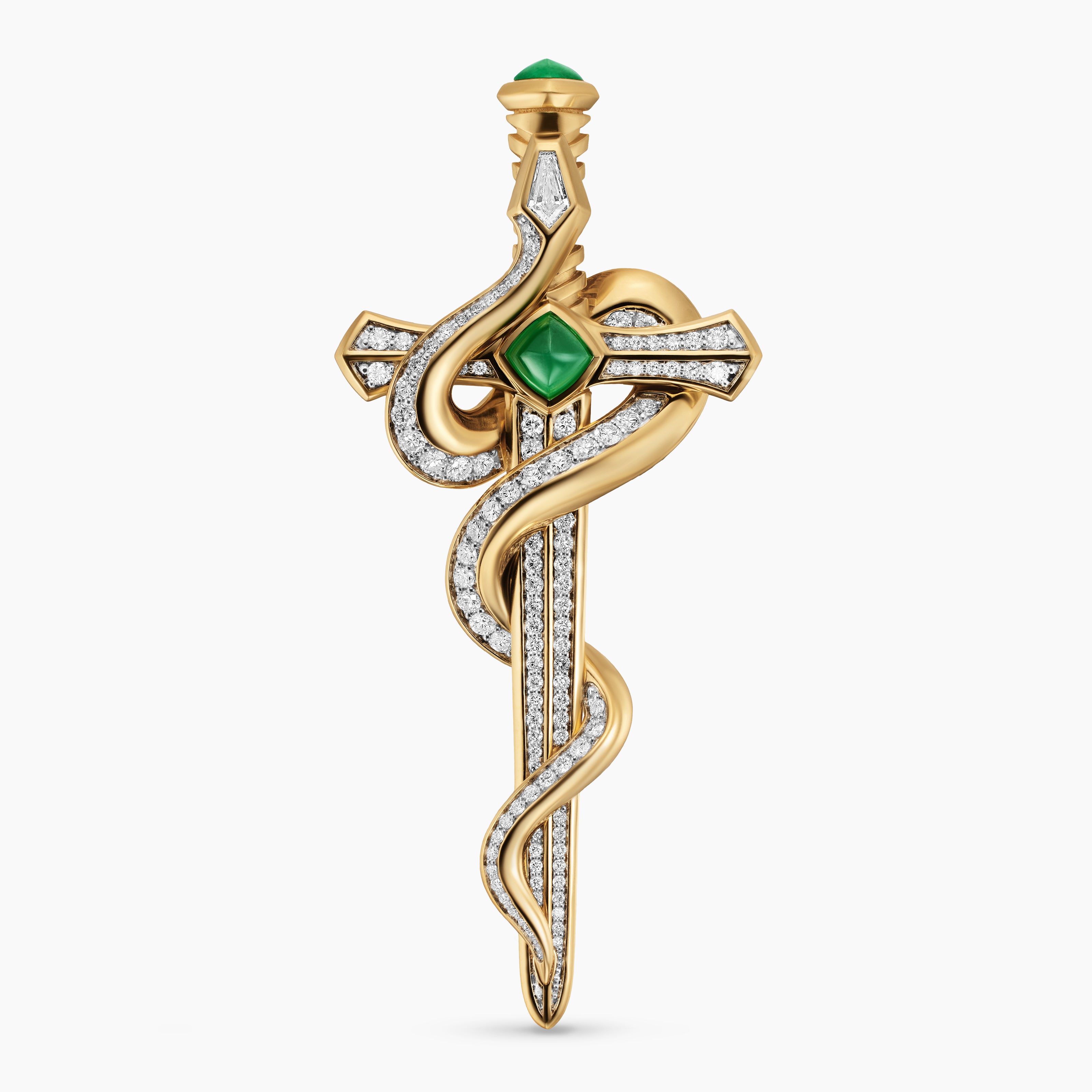 Mens Ouroboros Brooch in 18K Yellow Gold with Emeralds and Diamonds, 78mm