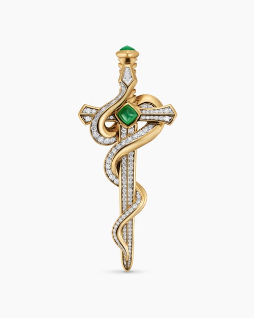 Mens Ouroboros Brooch in 18K Yellow Gold with Emeralds and Diamonds, 78mm