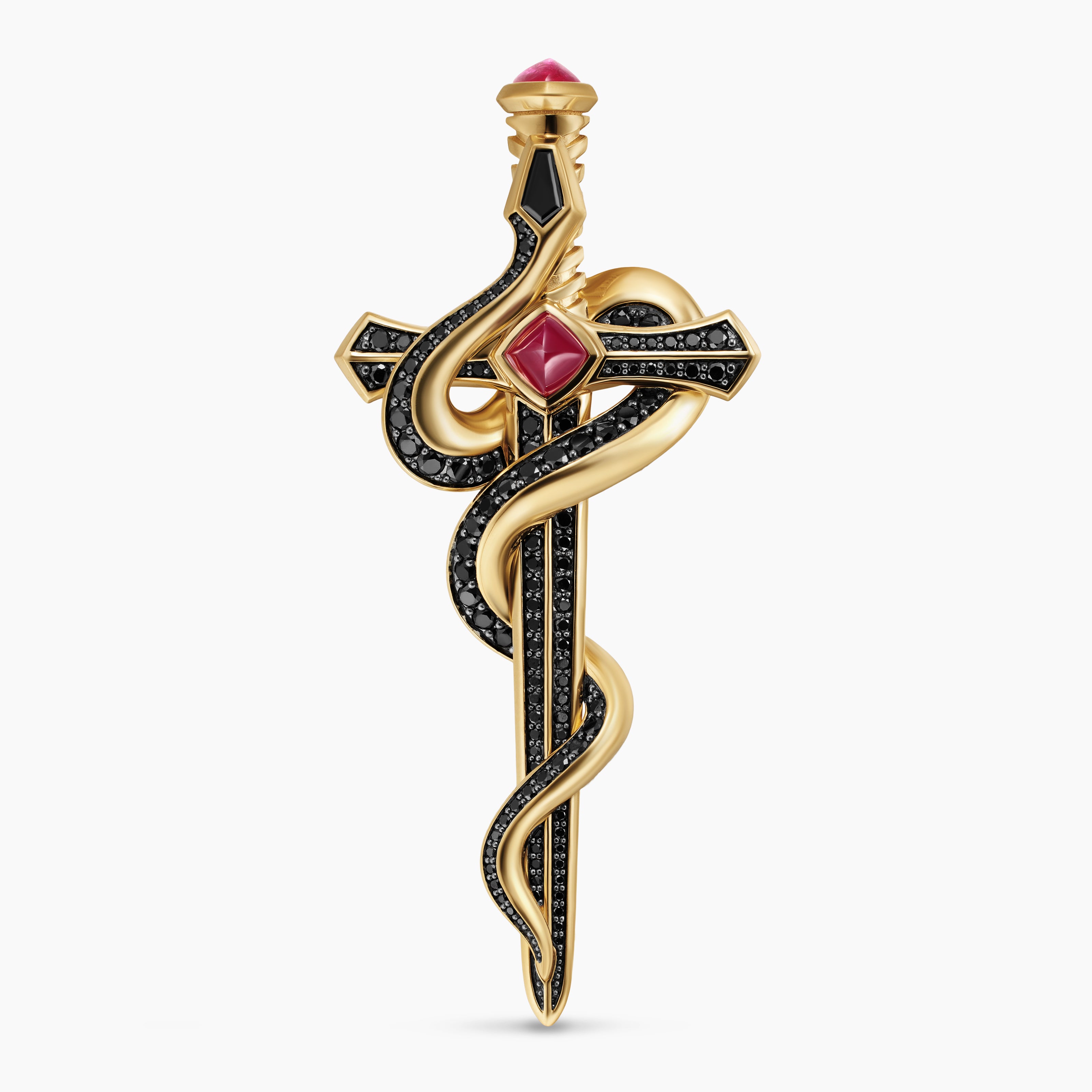 Mens Ouroboros Brooch in 18K Yellow Gold with Rubies and Diamonds, 78mm