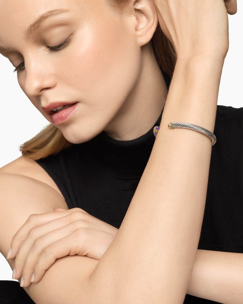 Womens Classic Cable Bracelet in Sterling Silver with 14K Yellow Gold, 5mm