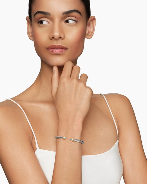 Womens Classic Cable Bracelet in Sterling Silver with 14K Yellow Gold, 5mm