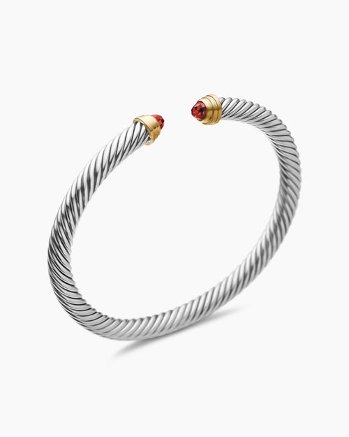 Womens Classic Cable Bracelet in Sterling Silver with 14K Yellow Gold and Garnets, 5mm