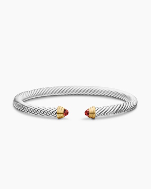 Womens Classic Cable Bracelet in Sterling Silver with 14K Yellow Gold and Garnets, 5mm