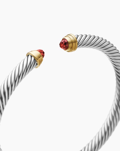 Womens Classic Cable Bracelet in Sterling Silver with 14K Yellow Gold and Garnets, 5mm