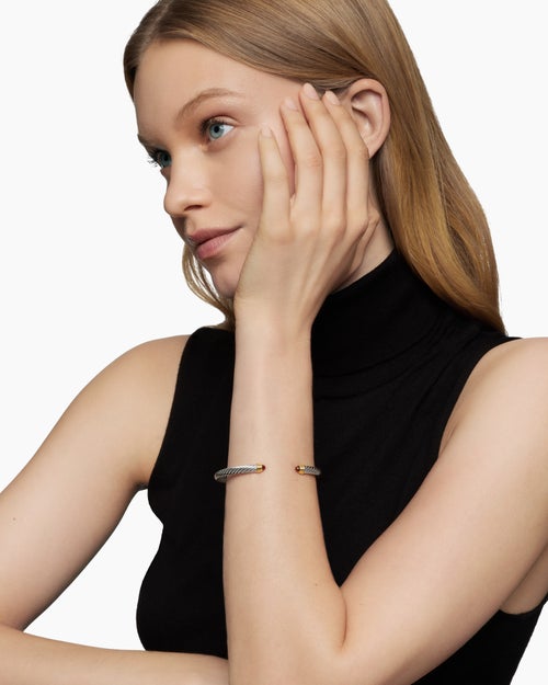 Womens Classic Cable Bracelet in Sterling Silver with 14K Yellow Gold and Garnets, 5mm