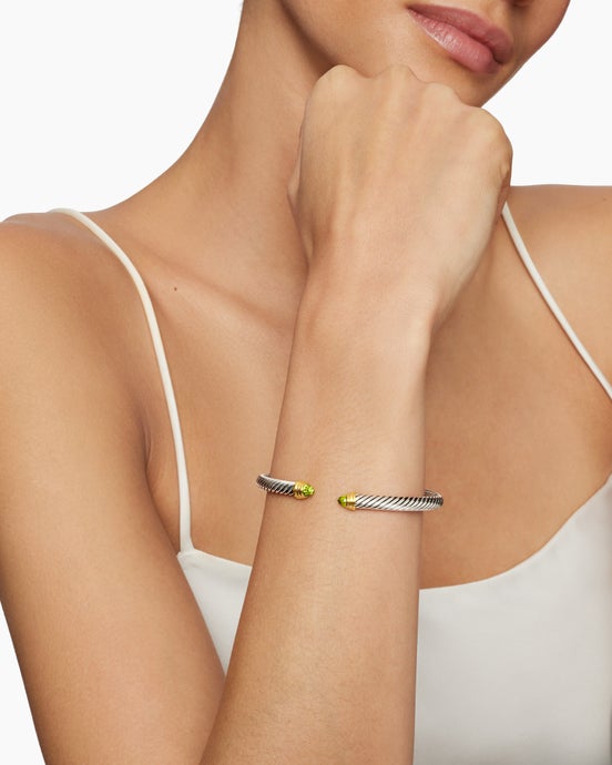 Classic Cable Bracelet in Sterling Silver with 14K Yellow Gold and Peridot, 5mm