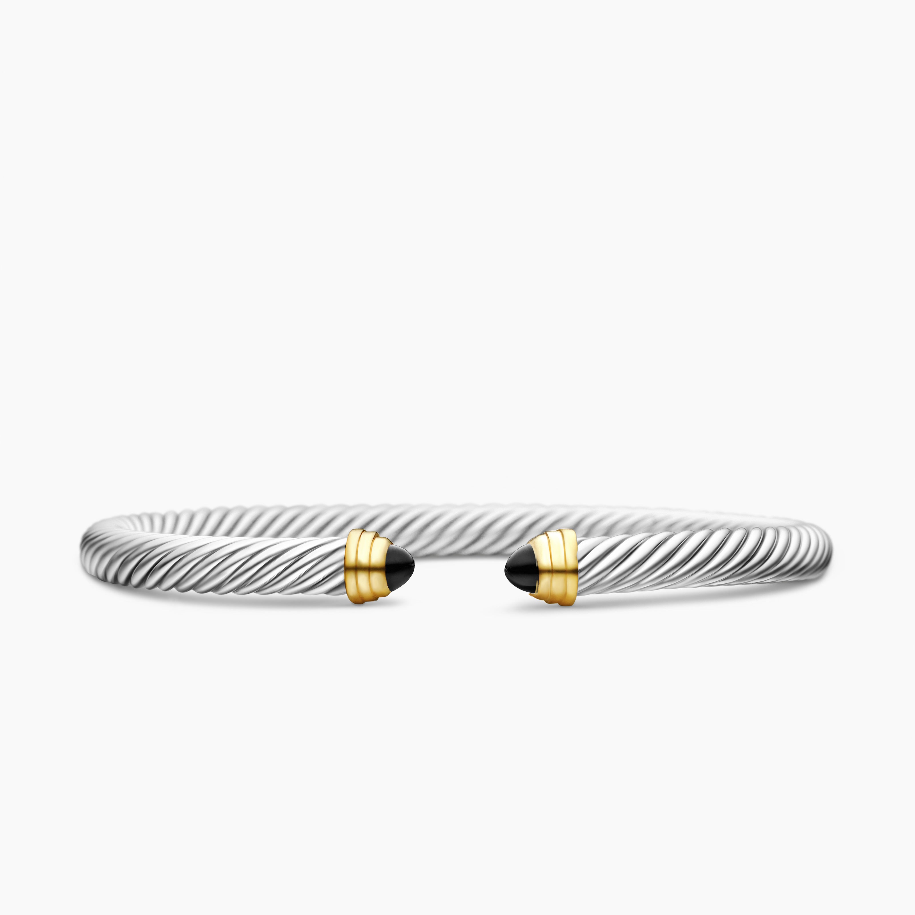 Womens Classic Cable Bracelet in Sterling Silver with 14K Yellow Gold and Black Onyx, 5mm