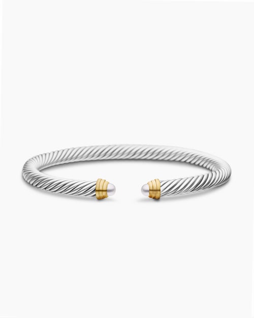 Womens Classic Cable Bracelet in Sterling Silver with 14K Yellow Gold and Pearls, 5mm