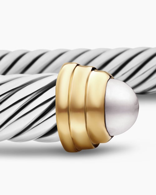 Womens Classic Cable Bracelet in Sterling Silver with 14K Yellow Gold and Pearls, 5mm