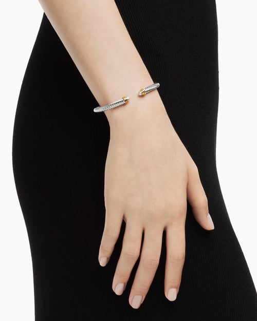 Womens Classic Cable Bracelet in Sterling Silver with 14K Yellow Gold and Pearls, 5mm