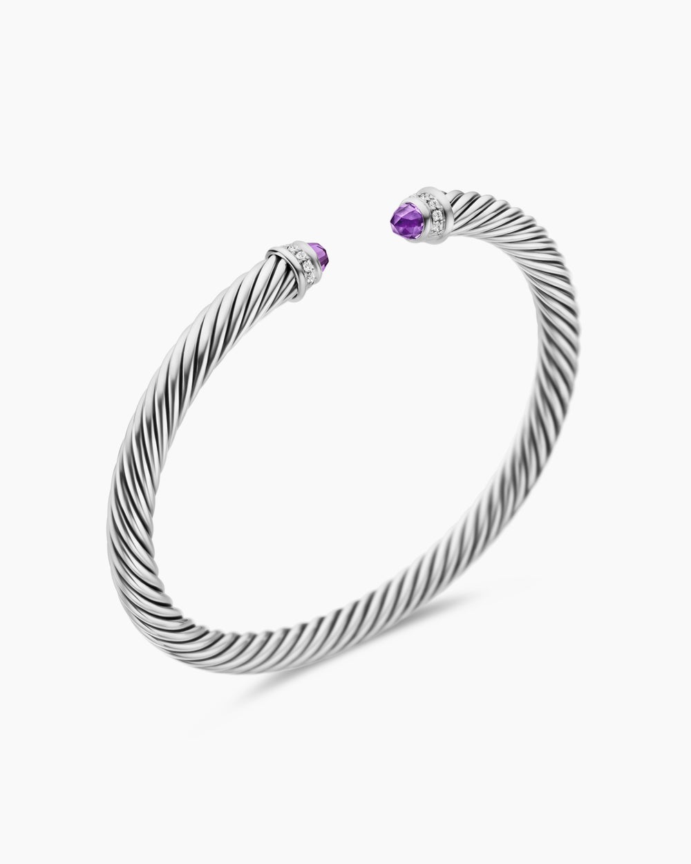 Womens Classic Cable Bracelet in Sterling Silver with Amethyst and Diamonds, 5mm