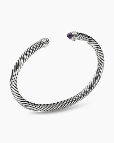 Classic Cable Bracelet in Sterling Silver with Amethyst and Diamonds, 5mm