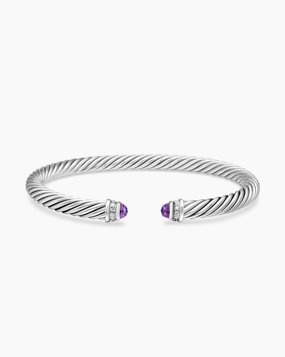 Womens Classic Cable Bracelet in Sterling Silver with Amethyst and Diamonds, 5mm