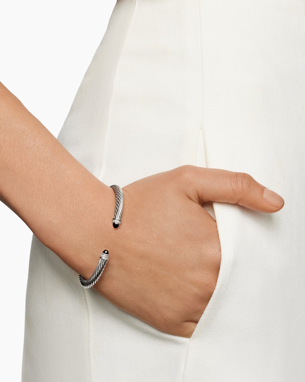 Womens Classic Cable Bracelet in Sterling Silver with Diamonds, 5mm