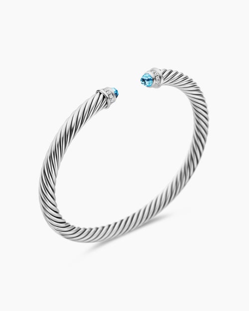 Womens Classic Cable Bracelet in Sterling Silver with Diamonds, 5mm