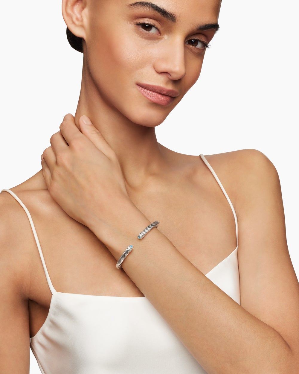 Womens Classic Cable Bracelet in Sterling Silver with Diamonds, 5mm