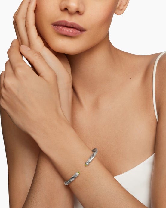 Classic Cable Bracelet in Sterling Silver with Peridot and Diamonds, 5mm
