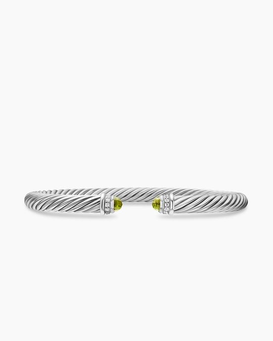 Classic Cable Bracelet in Sterling Silver with Peridot and Diamonds, 5mm