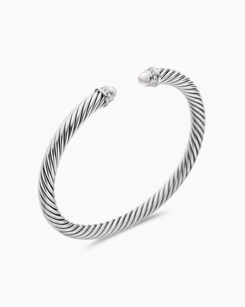 Womens Classic Cable Bracelet in Sterling Silver with Pearls and Diamonds, 5mm