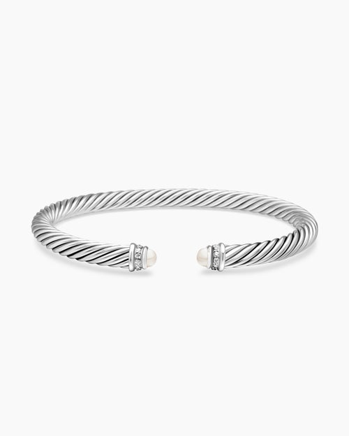 Womens Classic Cable Bracelet in Sterling Silver with Pearls and Diamonds, 5mm