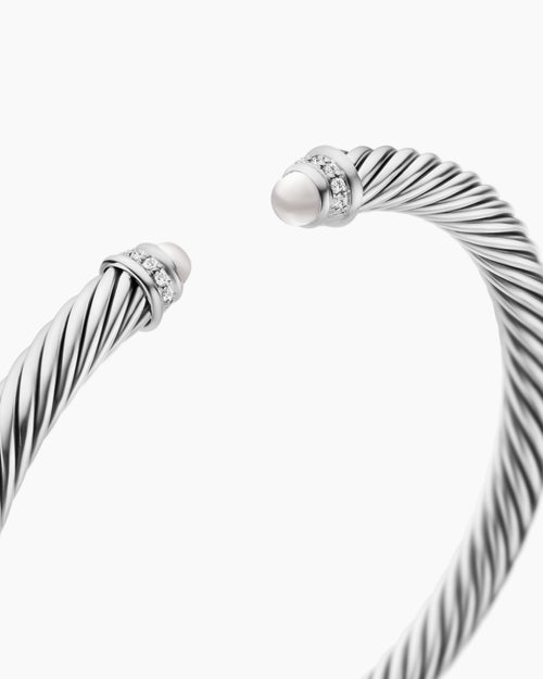 Womens Classic Cable Bracelet in Sterling Silver with Pearls and Diamonds, 5mm