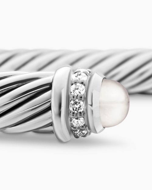 Womens Classic Cable Bracelet in Sterling Silver with Pearls and Diamonds, 5mm