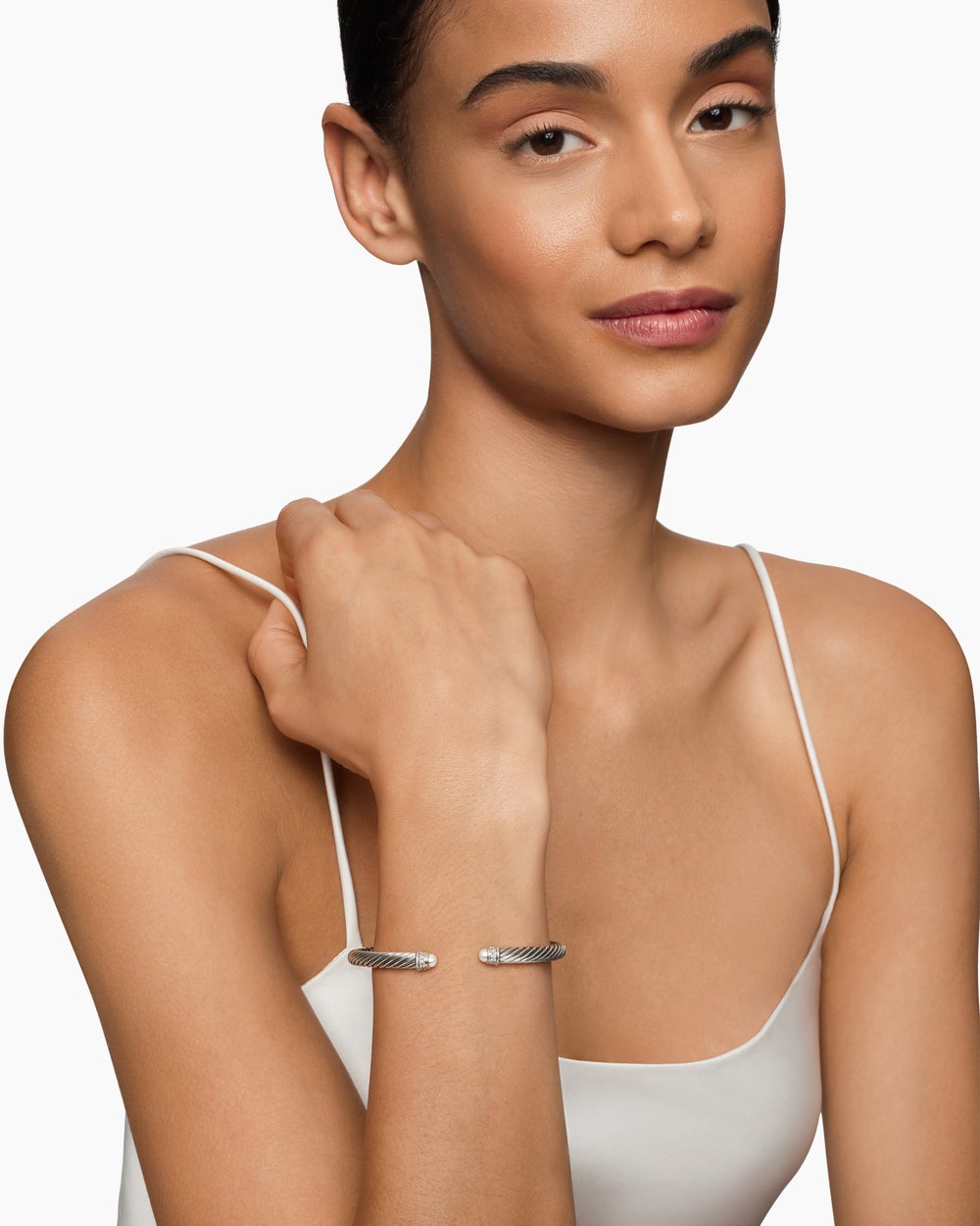 Womens Classic Cable Bracelet in Sterling Silver with Diamonds, 5mm