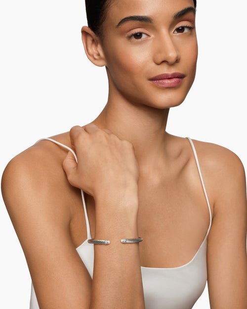 Womens Classic Cable Bracelet in Sterling Silver with Pearls and Diamonds, 5mm