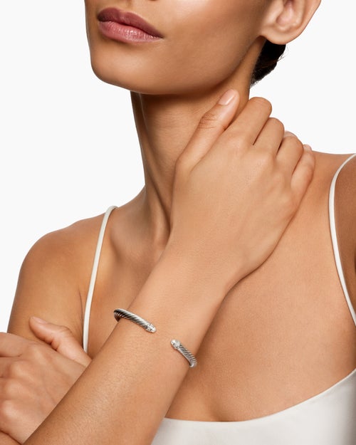 Womens Classic Cable Bracelet in Sterling Silver with Pearls and Diamonds, 5mm