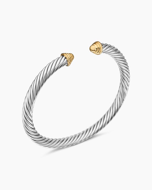 Womens Classic Cable Bracelet in Sterling Silver with 14K Yellow Gold Domes, 5mm