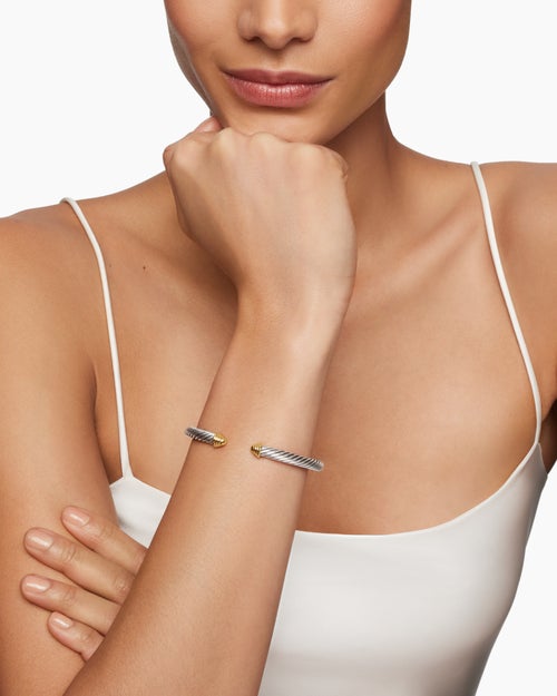 Womens Classic Cable Bracelet in Sterling Silver with 14K Yellow Gold Domes, 5mm