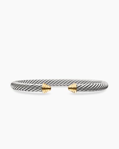 Womens Classic Cable Bracelet in Sterling Silver with 14K Yellow Gold Domes, 5mm