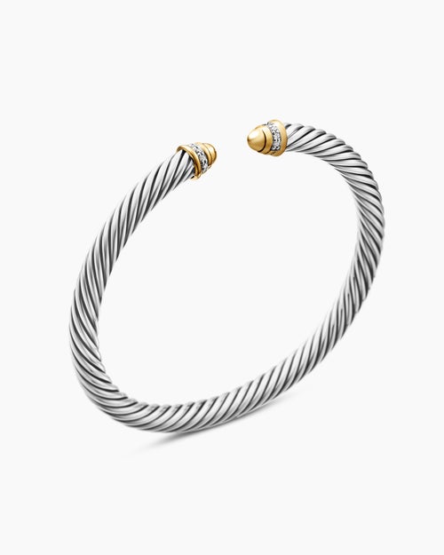 Womens Classic Cable Bracelet in Sterling Silver with 18K Yellow Gold and Diamonds, 5mm