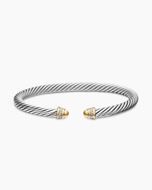 Womens Classic Cable Bracelet in Sterling Silver with 18K Yellow Gold and Diamonds, 5mm