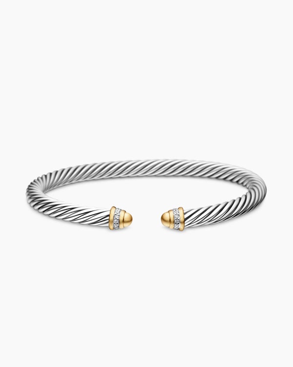 Classic Cable Bracelet in Sterling Silver with 18K Yellow Gold and Diamonds, 5mm