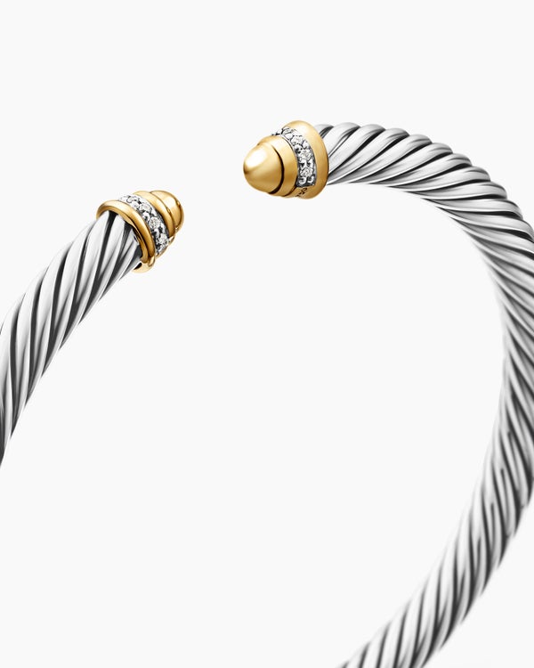 Classic Cable Bracelet in Sterling Silver with 18K Yellow Gold and Diamonds, 5mm