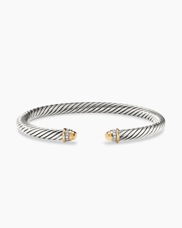 Classic Cable Bracelet in Sterling Silver with 18K Yellow Gold, Gold Domes and Diamonds, 5mm