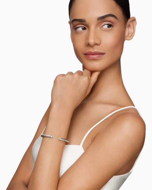 Womens Classic Cable Bracelet in Sterling Silver with Diamonds, 5mm
