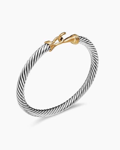 Womens Buckle Classic Cable Bracelet in Sterling Silver with 14K Yellow Gold, 5mm