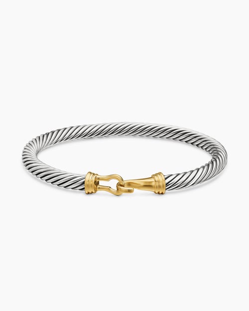 Womens Buckle Classic Cable Bracelet in Sterling Silver with 14K Yellow Gold, 5mm