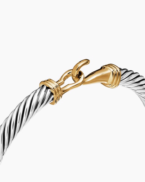 Womens Buckle Classic Cable Bracelet in Sterling Silver with 14K Yellow Gold, 5mm