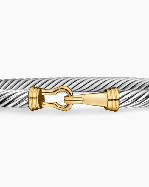 Womens Buckle Classic Cable Bracelet in Sterling Silver with 14ct Yellow Gold, 5mm