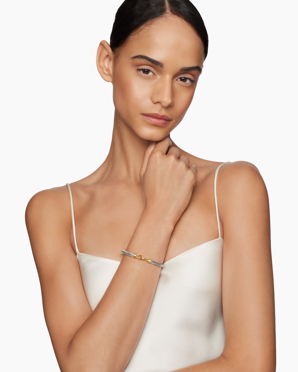 Womens Buckle Classic Cable Bracelet in Sterling Silver with 14K Yellow Gold, 5mm