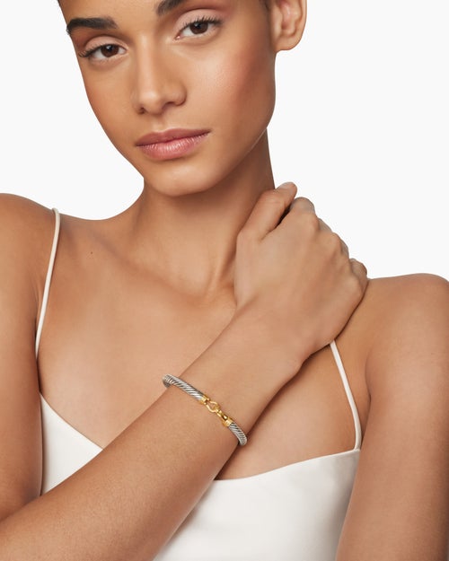 Womens Buckle Classic Cable Bracelet in Sterling Silver with 14K Yellow Gold, 5mm