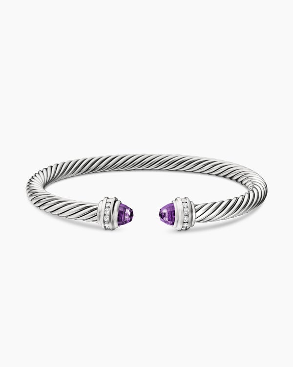 Classic Cable Bracelet in Sterling Silver with Amethyst and Diamonds, 5mm