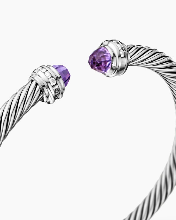 Classic Cable Bracelet in Sterling Silver with Amethyst and Diamonds, 5mm